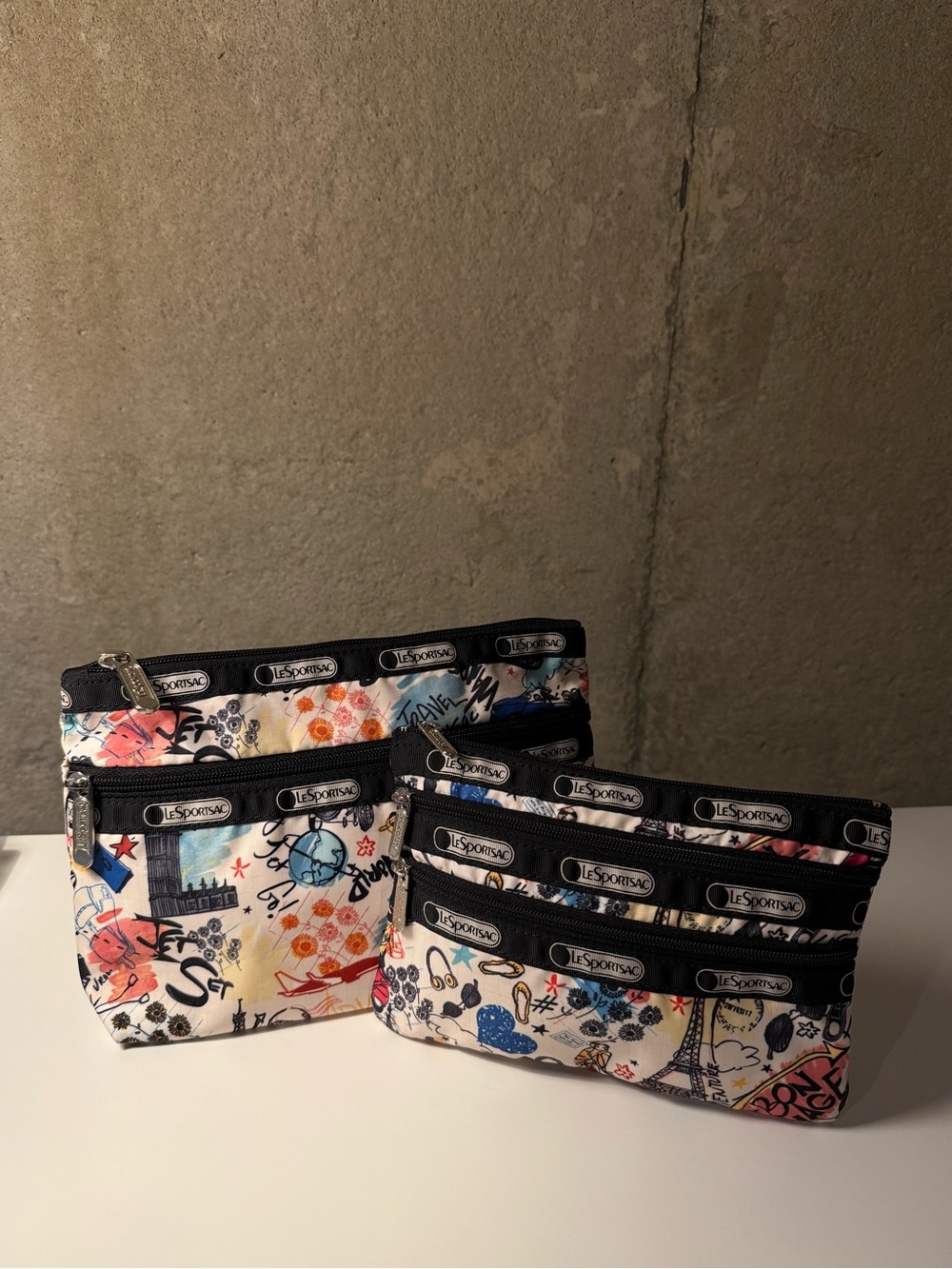 LeSportsac White Multi-Color Printed Cosmetic Cases - set of 2